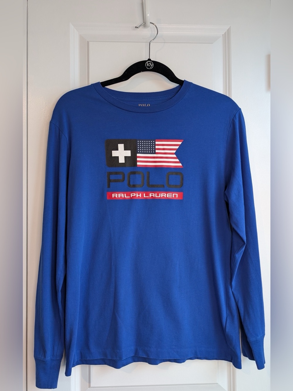 POLO Ralph Lauren Graphic Crewneck Long Sleeve Blue Shirt Flag Youth Size L